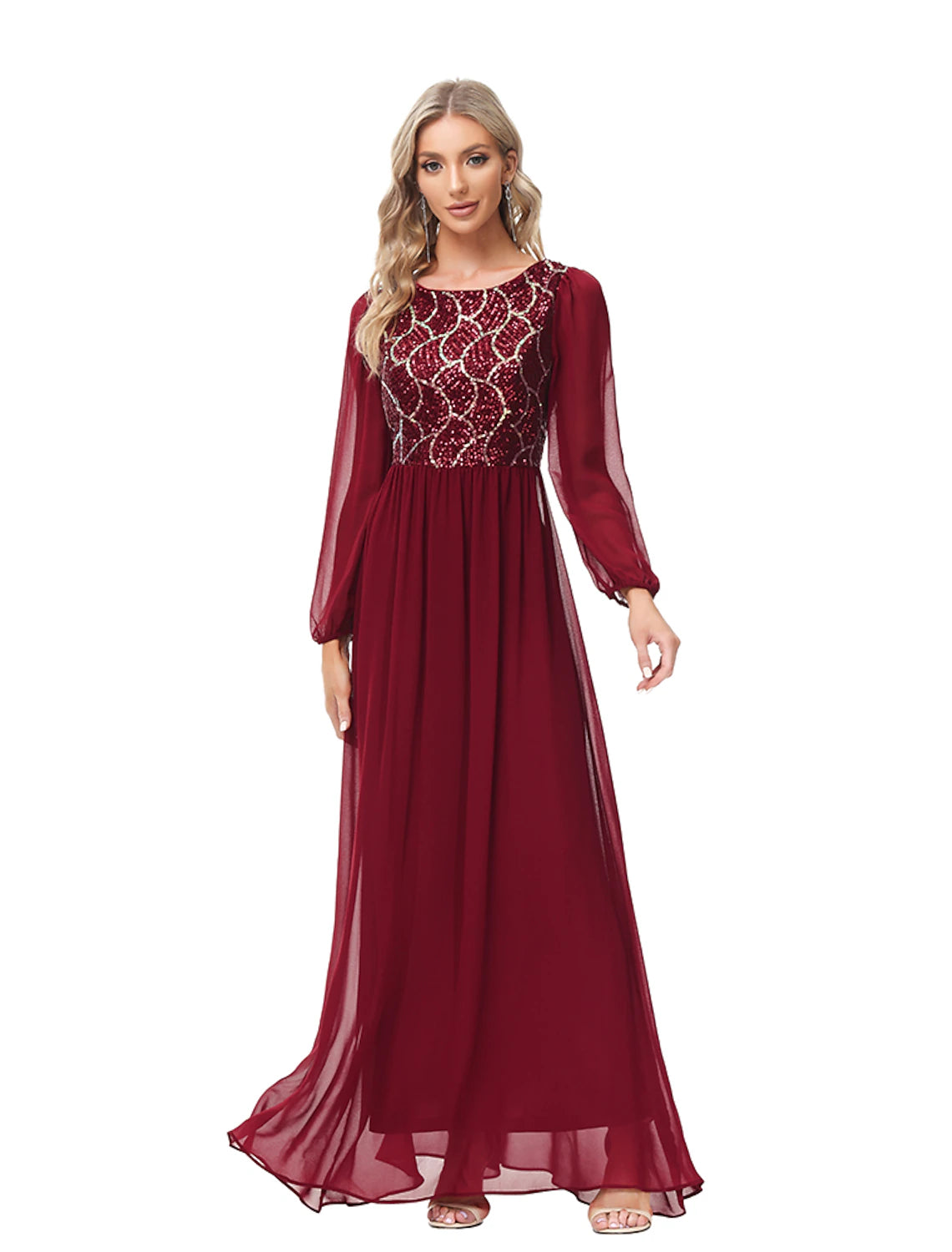 A-Linien-Abendkleid, Empire-Kleid, Partykleid, bodenlang, langärmlig, Rundhalsausschnitt, Chiffon, V-Rücken mit Pailletten-Spleißen